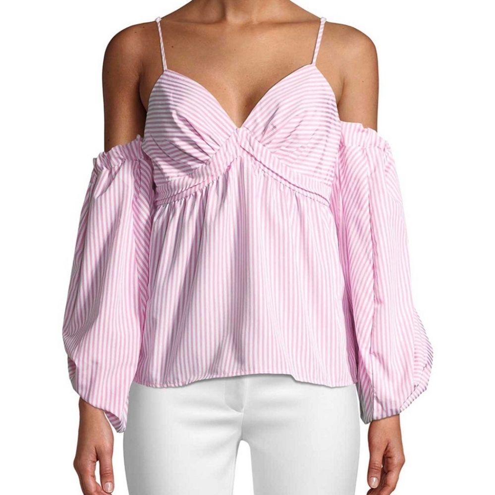 RENVY Pink Striped Cold-shoulder Blouse